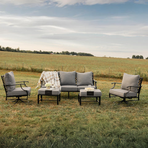 PHI VILLA 5-Seat Thick Cushion Conversation Sets with Swivel Chairs & Ottoman