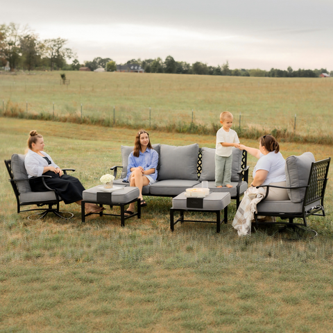 PHI VILLA 5-Seat Thick Cushion Conversation Sets with Swivel Chairs & Ottoman