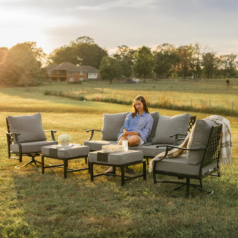 PHI VILLA 5-Seat Thick Cushion Conversation Sets with Swivel Chairs & Ottoman