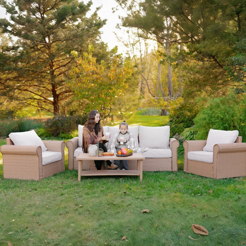 Phi Villa Luxury 5 Seats Wicker Patio Conversation Sofa Set with Wider Armrests