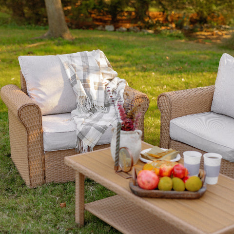 Phi Villa Luxury 5 Seats Wicker Patio Conversation Sofa Set with Wider Armrests