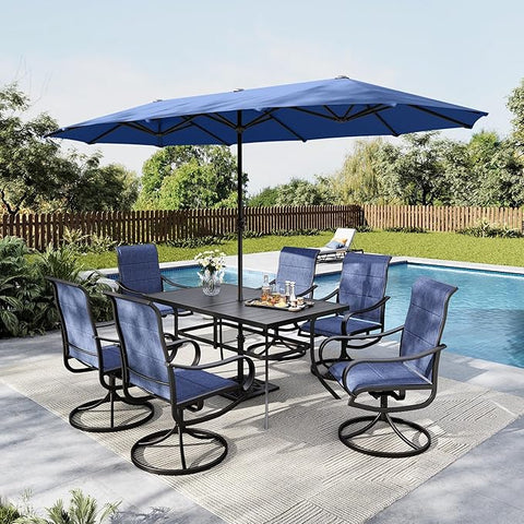 Sophia & William 8-Piece 13ft Umbrella Patio Dining Set with Denim Blue / Grey Textilene Swivel Chair