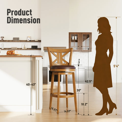 PHI VILLA 360° Swivel Farmhouse Wood Bar Stools with Patented K-Shaped Back