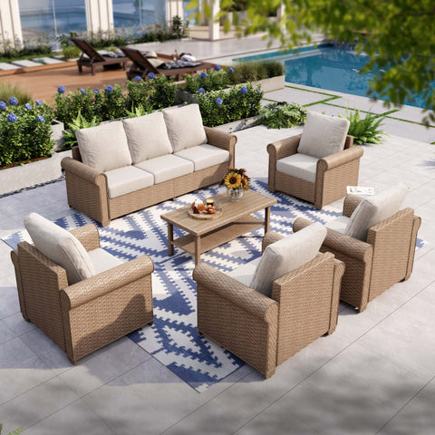 Phi Villa Luxury 5 Seats Wicker Patio Conversation Sofa Set with Wider Armrests