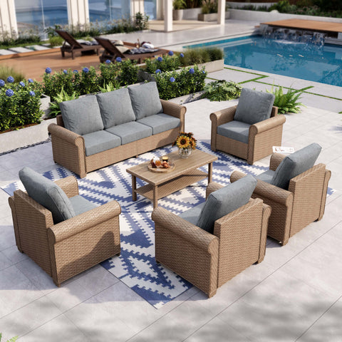 Phi Villa Luxury 5 Seats Wicker Patio Conversation Sofa Set with Wider Armrests