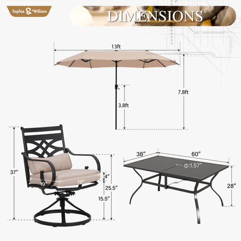 8-Piece 13ft Umbrella Patio Dining Set with Elegant Cast Iron Pattern Swivel Chairs- Sophia & William