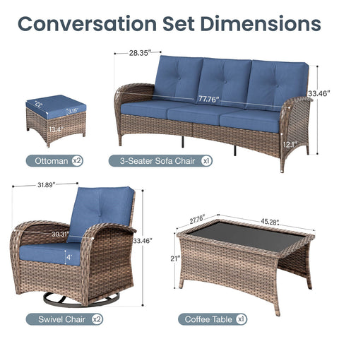 5 Seats Wicker Outdoor Conversation Sofa Set with Swivel Glider & 2 Ottomans - Phi Villa