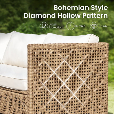 Boho Style Outdoor Wicker Conversation Sofa set with Acacia Wood Coffee Table - Sophia & William