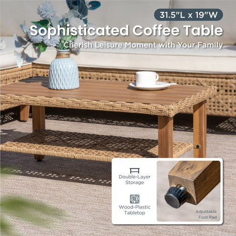 Boho Style Outdoor Wicker Conversation Sofa set with Acacia Wood Coffee Table - Sophia & William