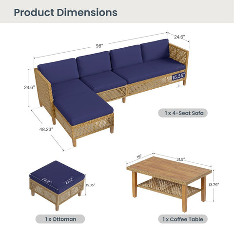 Boho Style Outdoor Wicker Conversation Sofa set with Acacia Wood Coffee Table - Sophia & William