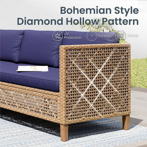 Boho Style Outdoor Wicker Conversation Sofa set with Acacia Wood Coffee Table - Sophia & William