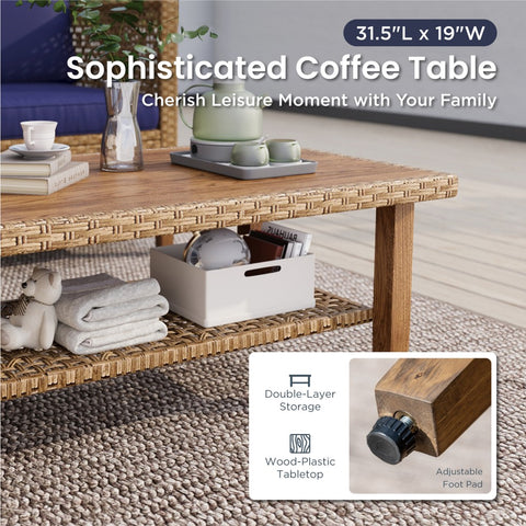 Boho Style Outdoor Wicker Conversation Sofa set with Acacia Wood Coffee Table - Sophia & William