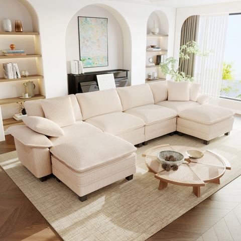 Beige 6-seat modern U-shaped couch in living room