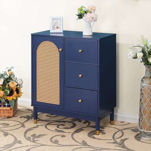 Blue Storage Cabinet with Rattan Doors and Adjustable Shelves