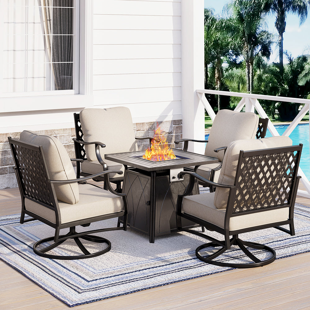 PHI VILLA 4-Seat Luxurious Outdoor Fire Pit Table Sofa Set with 4 Single Sofas