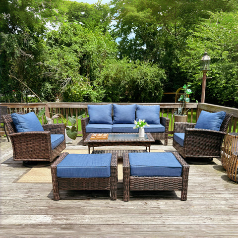 Phi Villa 5 Seats Wicker Patio Conversation Sofa Set with Swivel Chairs