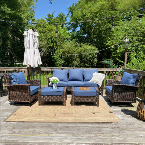 Phi Villa 5 Seats Wicker Patio Conversation Sofa Set with Swivel Chairs