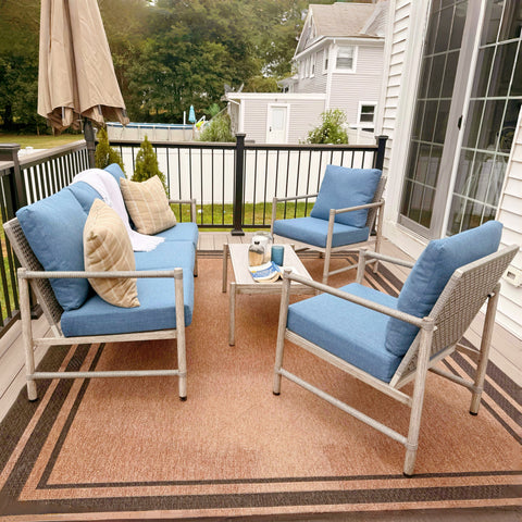 PHI VILLA 5/7-Seat Outdoor Steel and Rattan Sofa with Wood Grain Coffee Table