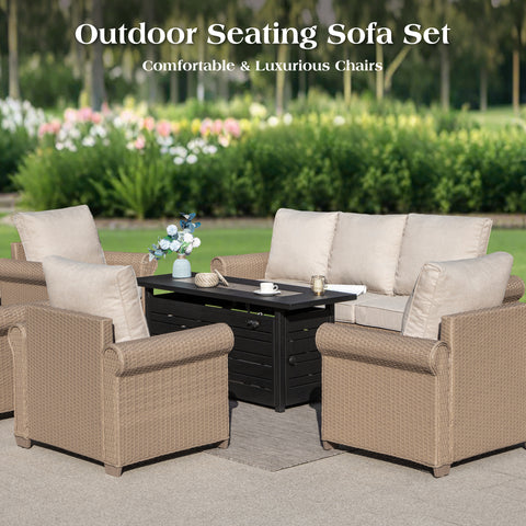 Phi Villa Luxury Wicker Patio Conversation Sofa Set with Fire Pit Table