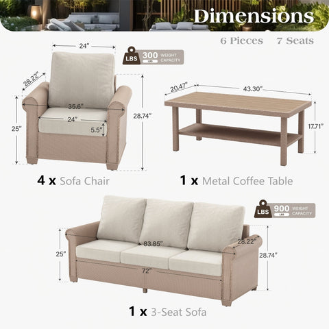 Phi Villa Luxury 5 Seats Wicker Patio Conversation Sofa Set with Wider Armrests