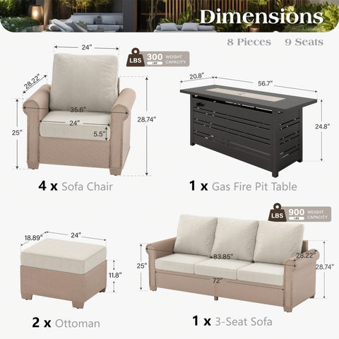 Phi Villa Luxury Wicker Patio Conversation Sofa Set with Fire Pit Table