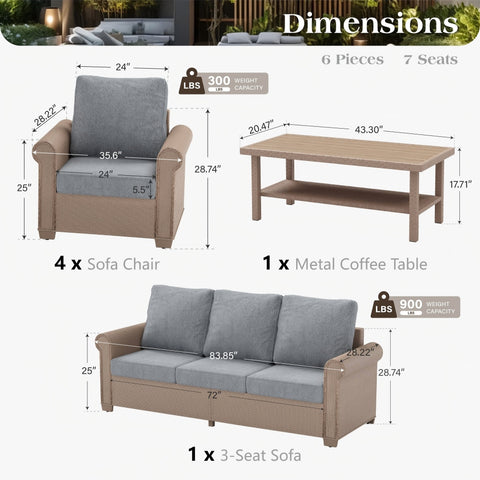 Phi Villa Luxury 5 Seats Wicker Patio Conversation Sofa Set with Wider Armrests