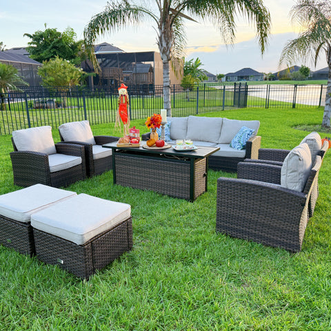 Phi Villa Upgraded Rattan Outdoor Sofa with 56" Rattan Fire Pit Table