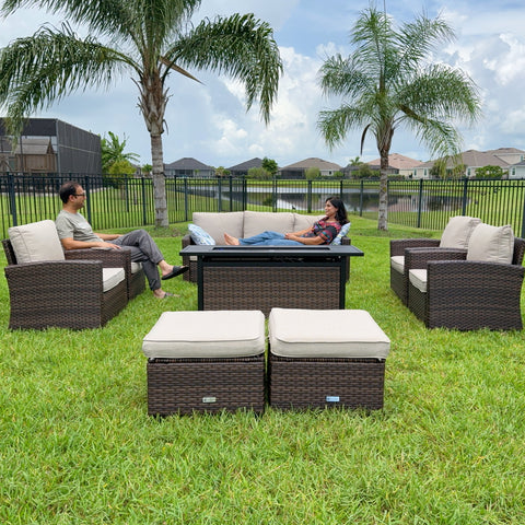 Phi Villa Upgraded Rattan Outdoor Sofa with 56" Rattan Fire Pit Table
