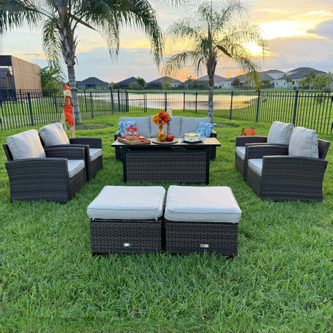 Phi Villa Upgraded Rattan Outdoor Sofa with 56" Rattan Fire Pit Table