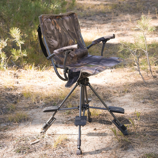 Camouflage hunting chair in a forest setting