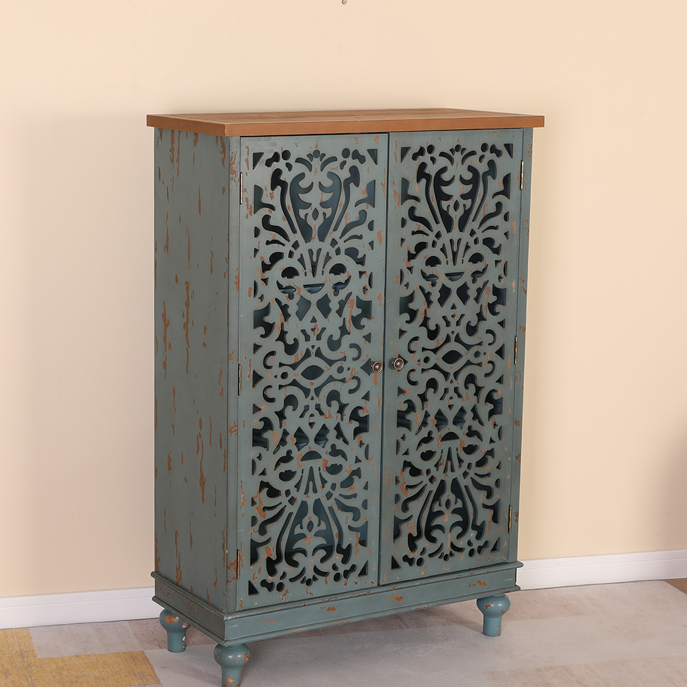 Tall Accent Storage Cabinet with Decorative Carved Design-MFSTUDIO