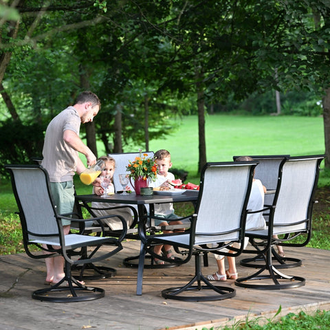 Sophia & William 8-Piece 13ft Umbrella Patio Dining Set with Denim Blue / Grey Textilene Swivel Chair