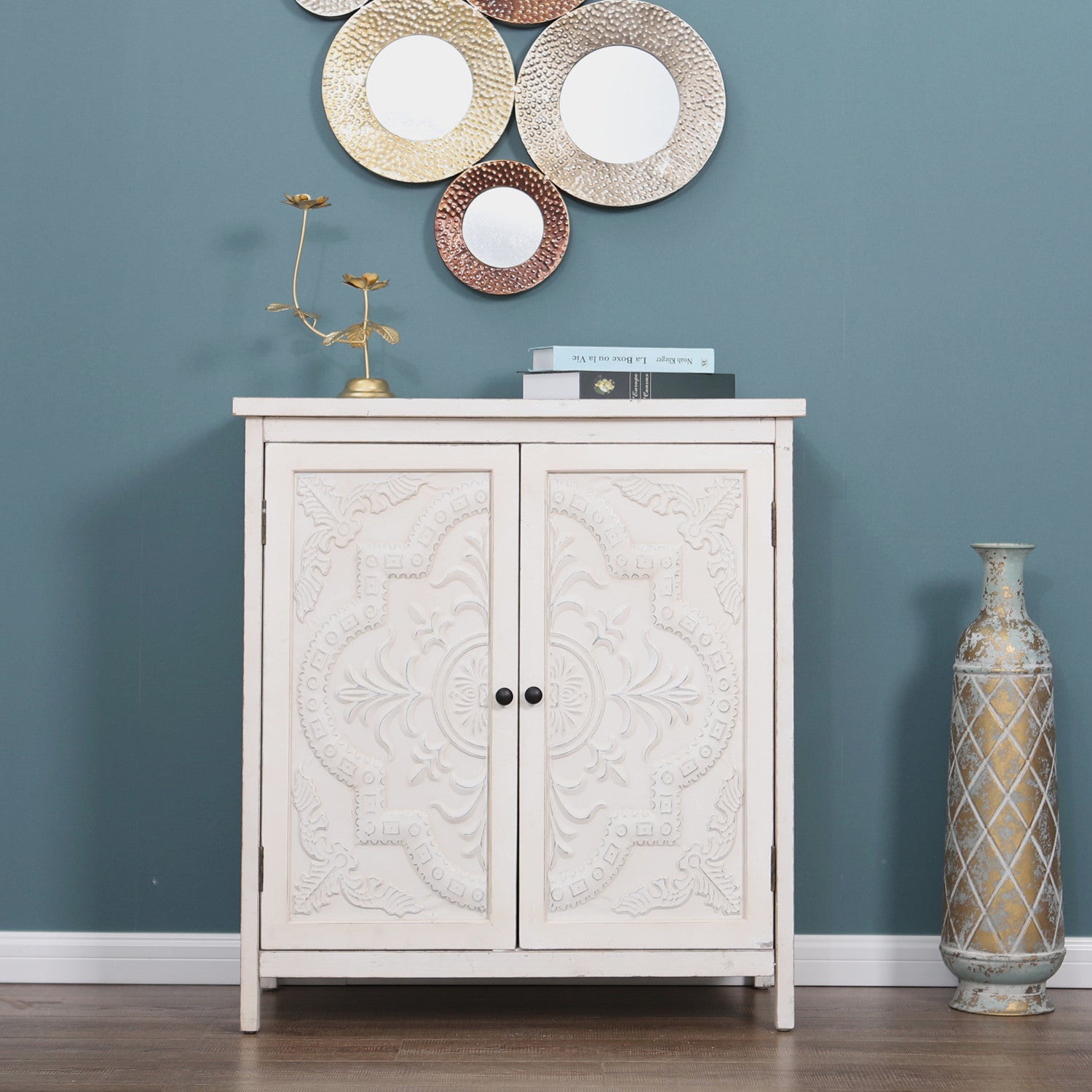 Elevate your entryway with 2-door exquisite embossed and distressed accent cabinet. Enjoy 10% Off & Free Shipping on Your First Order.