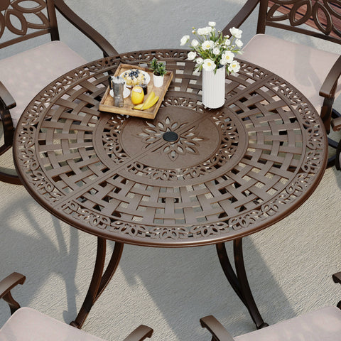 PHI VILLA 54" Round Cast Aluminum Patio Dining Table for 6 with Umbrella Hole