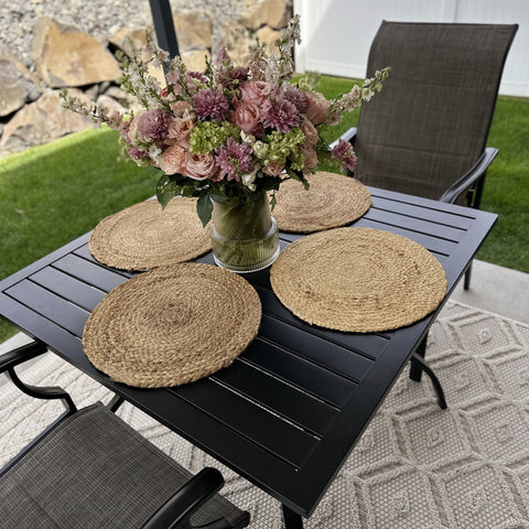 Phi Villa 37" Metal Steel Slat Patio Table with Umbrella Hole