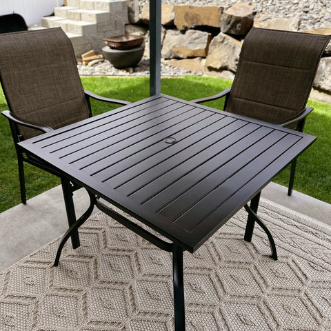 Phi Villa 37" Metal Steel Slat Patio Table with Umbrella Hole