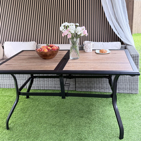 PHI VILLA Wood-look PVC Rectangle Steel Patio Dining Table