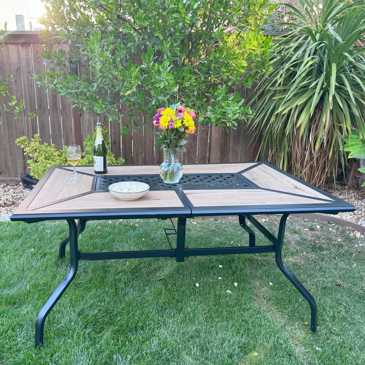 Phi Villa Geometric Wood-look Patio Dining Table with Umbrella Hole