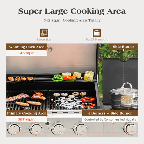Captiva Designs 4-Burner Propane BBQ Grill with Side Burner for Outdoor Cooking