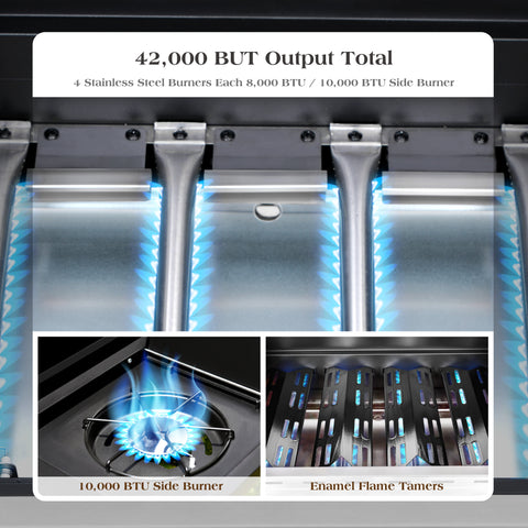 Captiva Designs 4-Burner Propane BBQ Grill with Side Burner for Outdoor Cooking