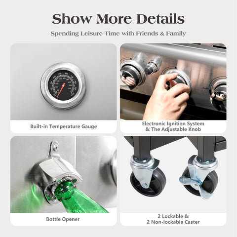 Captiva Designs 4-Burner Propane BBQ Grill with Side Burner for Outdoor Cooking