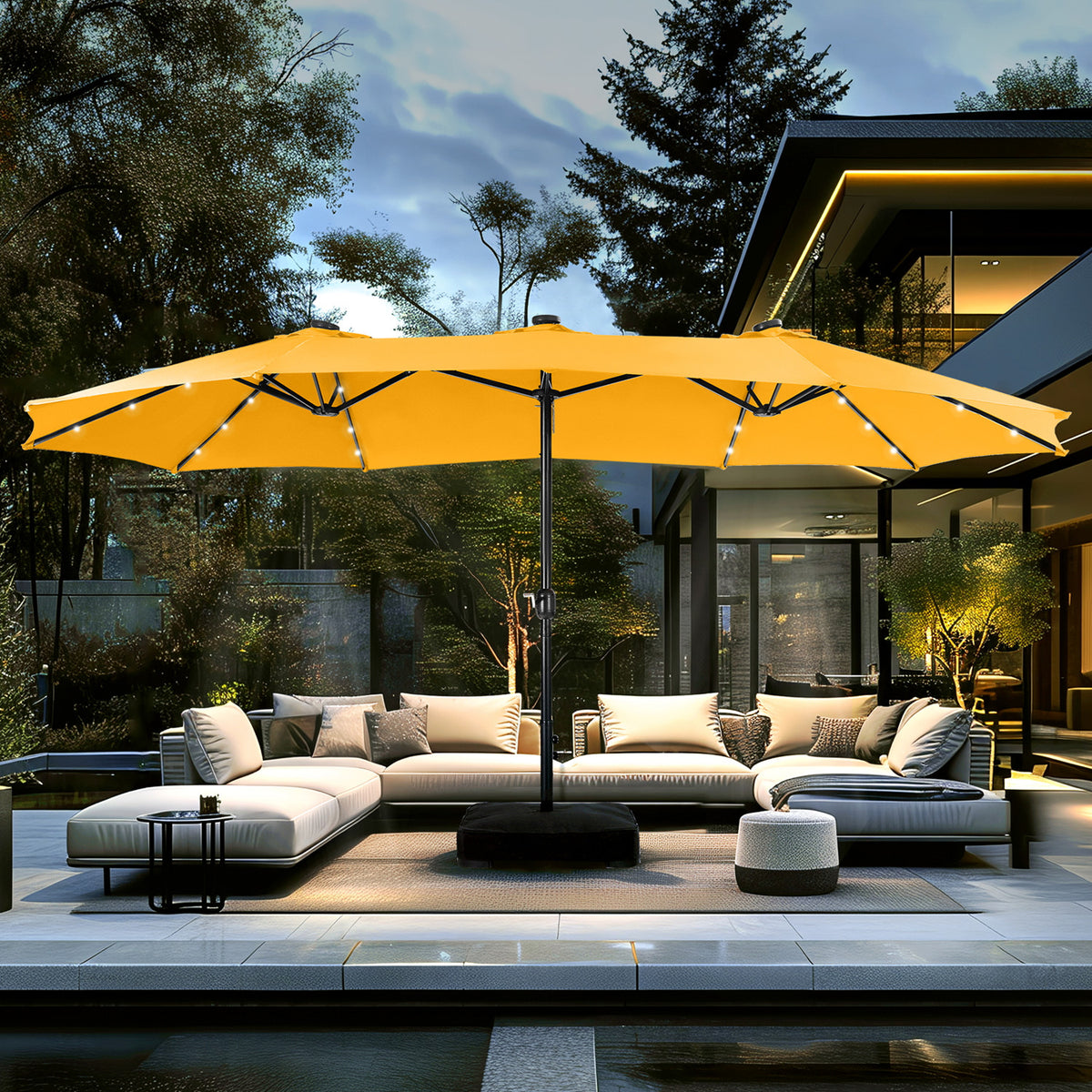 PHI VILLA 15ft Extra Large Double-Sided Patio Umbrella with Solar Powered LED Lights (Base Included)