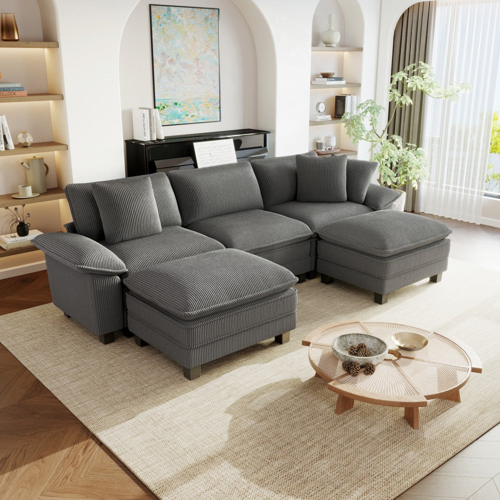 Gray 5-seat modern U-shaped couch in living room
