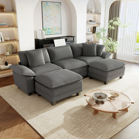 Gray 5-seat modern U-shaped couch in living room