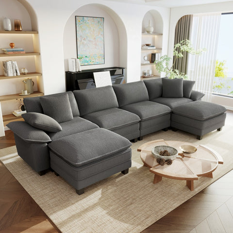 Gray 6-seat modern U-shaped couch in living room