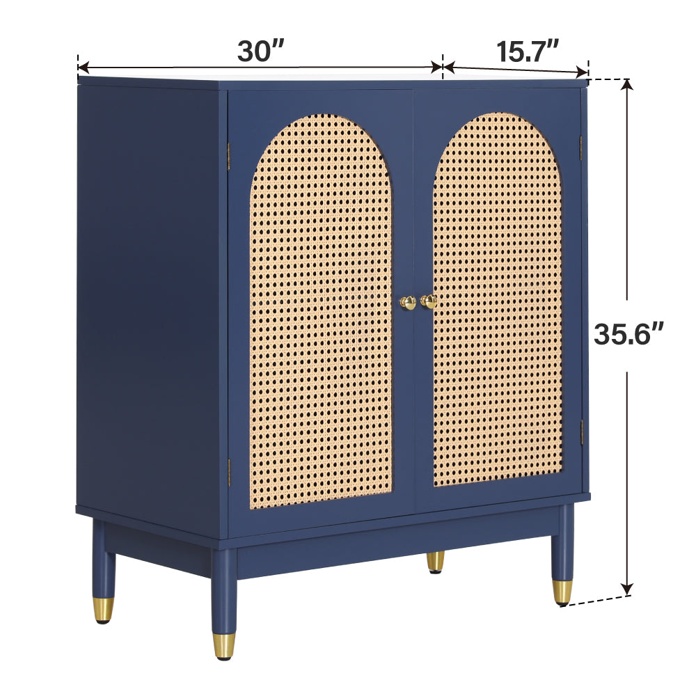 Blue Storage Cabinet with Rattan Doors and Adjustable Shelves -MFSTUDIO