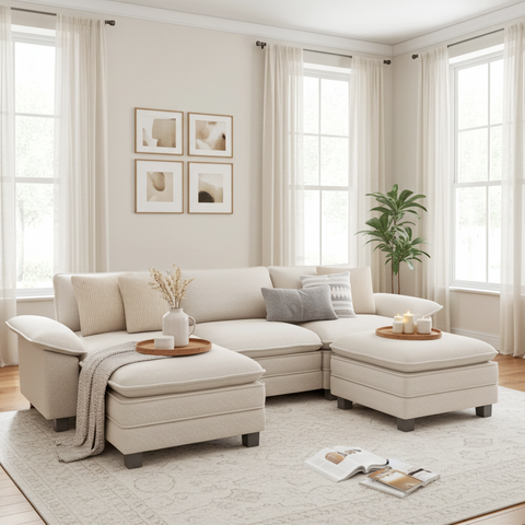 PHI VILLA Modular Chenille Cloud Sofa with Ottoman for Living Room & Apartment