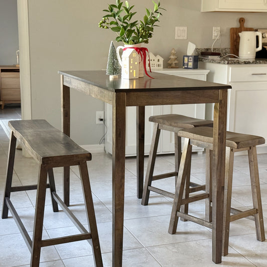 PHI VILLA 4-Piece Solid Wood Bar Table Set with Saddle Stools and Bench