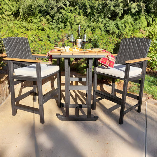 PHIVILLA 3-Piece Outdoor High Bar Set with HDPE Wicker Stools & Wood-Like Table