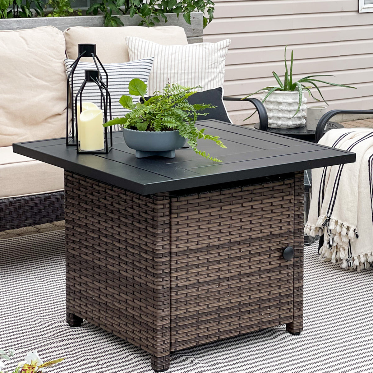 PHI VILLA 50,000 BTU Patio Fire Pit Table with Rattan Side Boards
